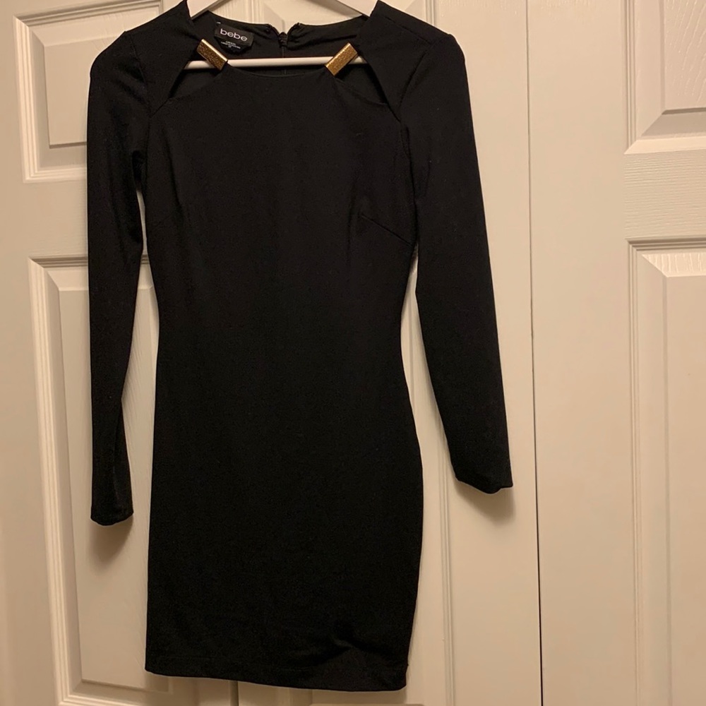 Bebe Black Mini Dress - Size Small - Sexy Contouring Style with Bronze Necklace